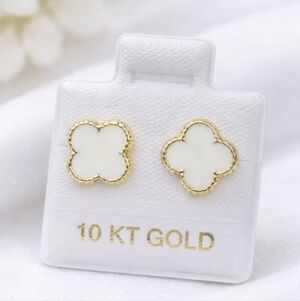 Van Four Leaf White Enamel Stud Earrings Inspired 10K Solid Gold 9mm